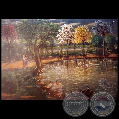 PAISAJE CON LAGUNA Y PERSONAS PESCANDO - Obra de IGNACIO NUÑEZ SOLER